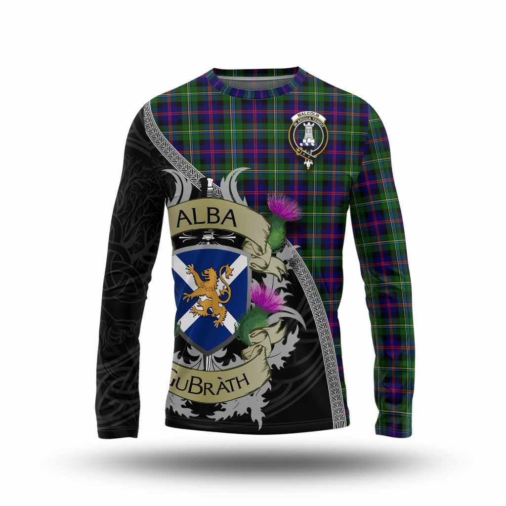 Malcolm Tartan Family Crest Long Sleeve T-Shirt Lion Rampant Royal Thistle Shield Celtic Inspired Unisex - Tartan Vibes Clothing