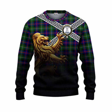 Malcolm Crest Tartan Knitted Sweater with Golden Lion Emblem Celtic Style Unisex - Tartan Vibes Clothing