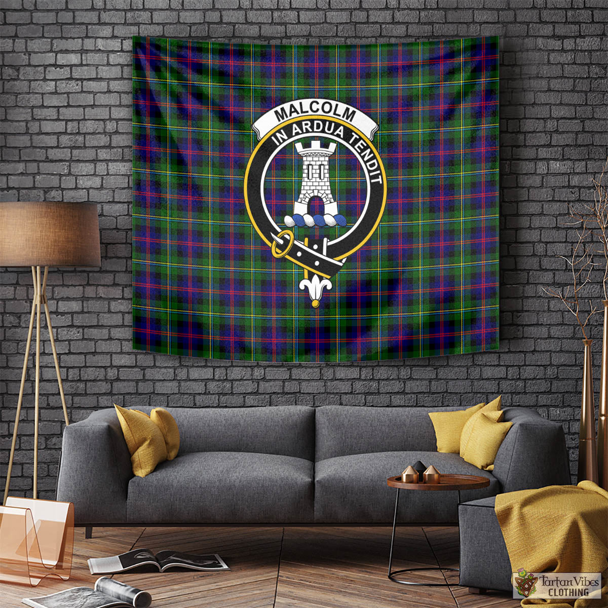 Tartan Vibes Clothing Malcolm Tartan Tapestry Wall Hanging and Home Decor for Room with Family Crest