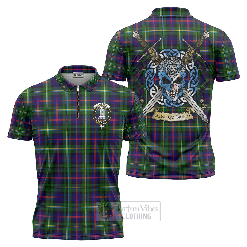 Tartan Vibes Clothing Malcolm Tartan Zipper Polo Shirt with Family Crest Celtic Skull Style