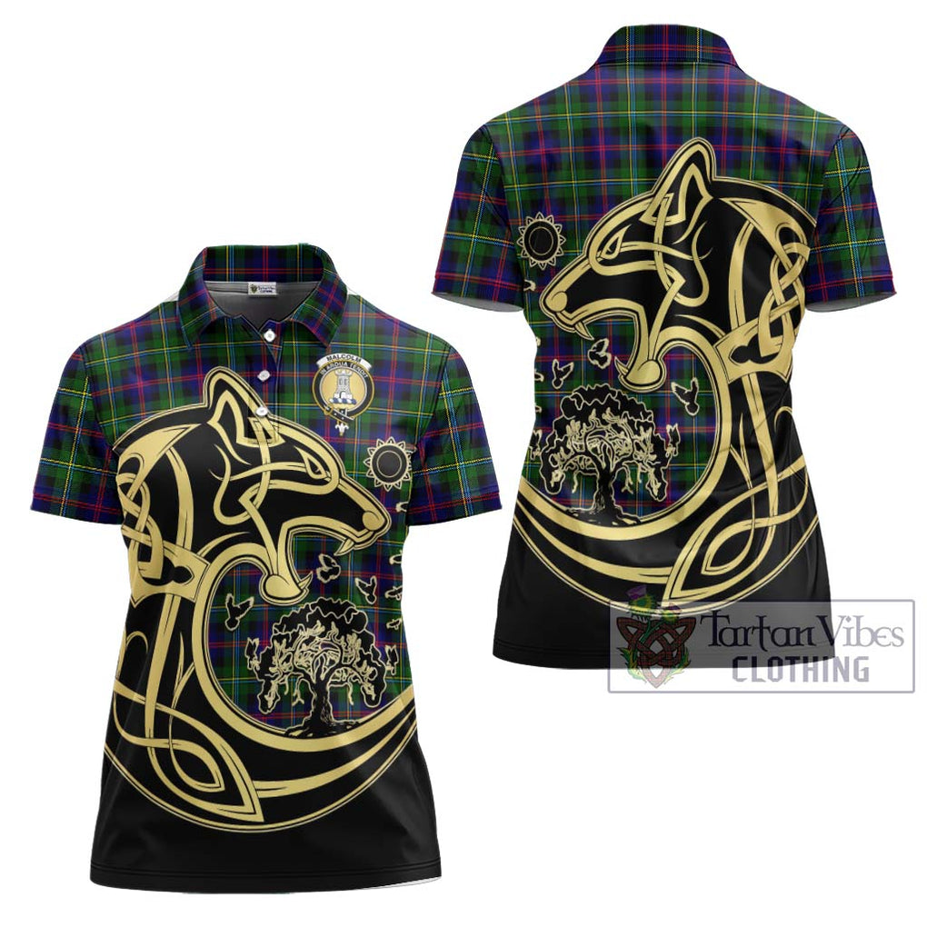 Malcolm Tartan Women's Polo Shirt with Family Crest Celtic Wolf Style Women - Tartanvibesclothing Shop