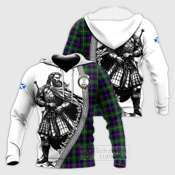 Malcolm Tartan Clan Crest Knitted Hoodie with Highlander Warrior Celtic Style