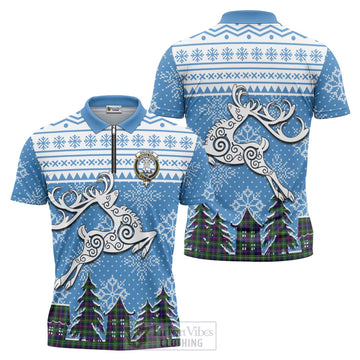 Malcolm Clan Christmas Zipper Polo Shirt Celtic Reindeer Style