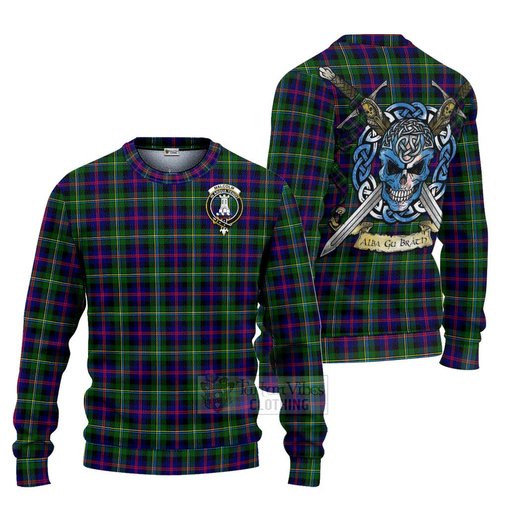 Tartan Vibes Clothing Malcolm Tartan Knitted Sweater with Family Crest Celtic Skull Style