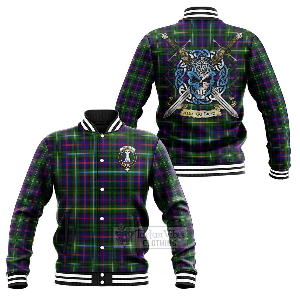 Tartan Vibes Clothing Malcolm Tartan Baseball Jacket with Family Crest Celtic Skull Style