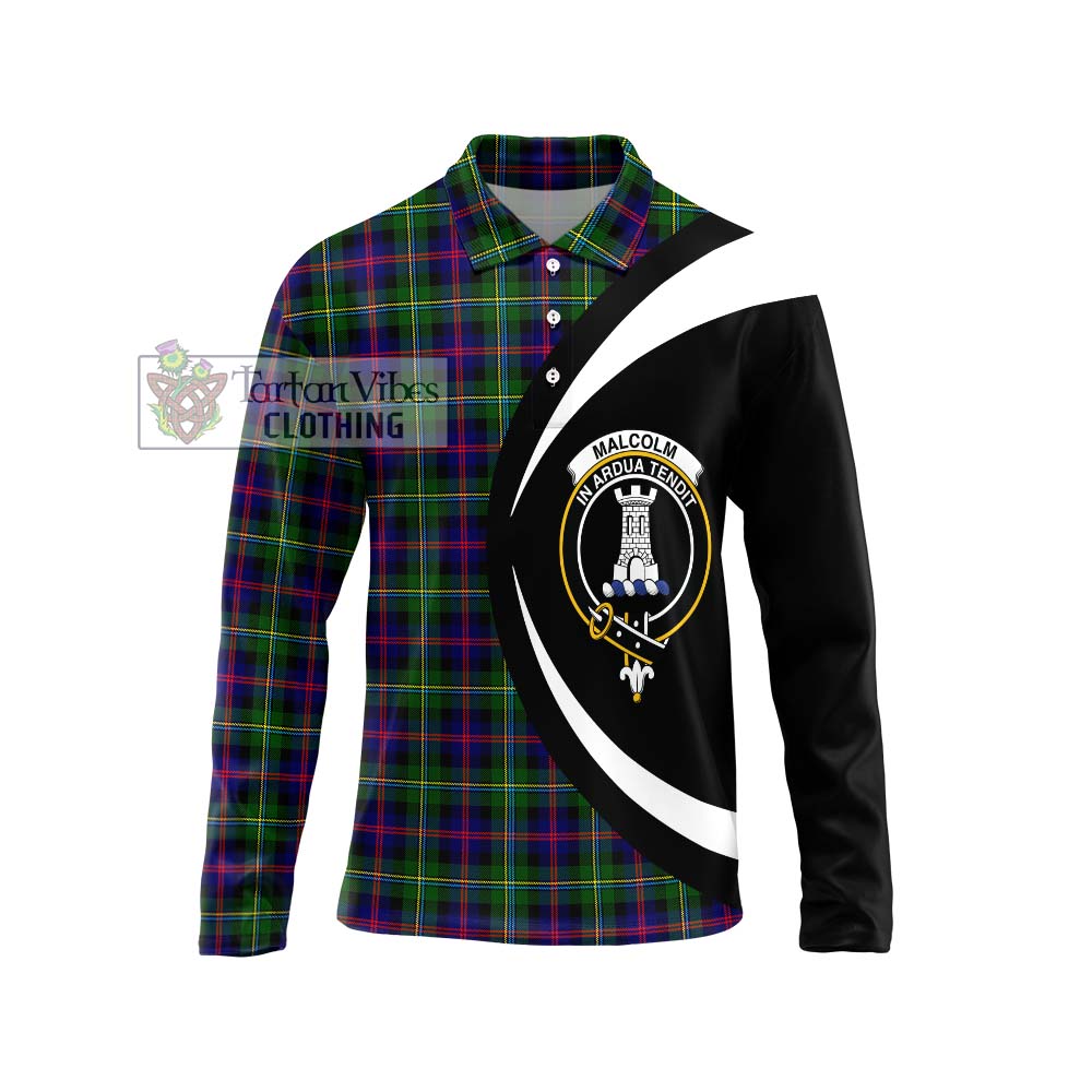 Malcolm Tartan Long Sleeve Polo Shirt with Family Crest Circle Style Unisex - Tartan Vibes Clothing