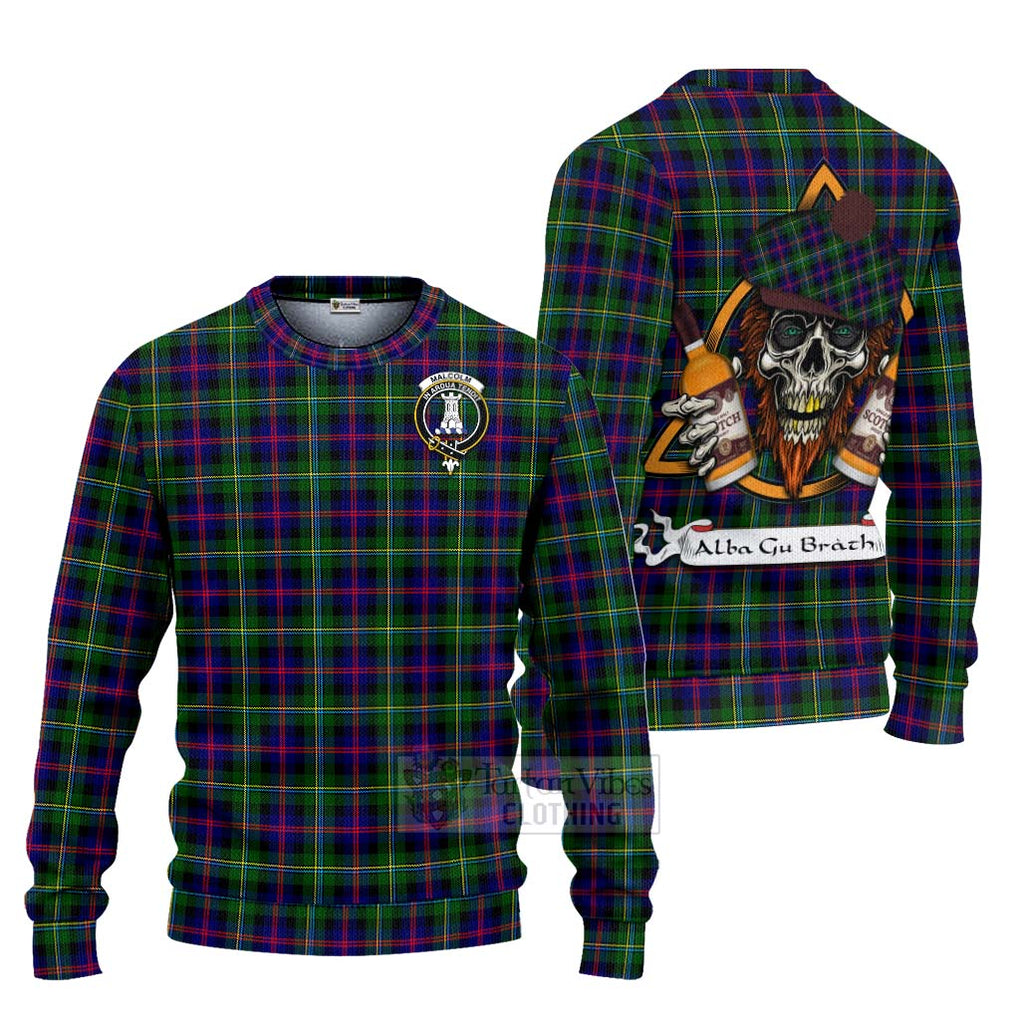 Tartan Vibes Clothing Malcolm Tartan Knitted Sweater with Family Crest and Bearded Skull Holding Bottles of Whiskey