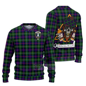 Malcolm Tartan Ugly Sweater with Family Crest and Bearded Skull Holding Bottles of Whiskey