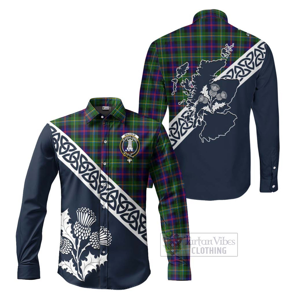 Tartan Vibes Clothing Malcolm Tartan Long Sleeve Button Shirt Featuring Thistle and Scotland Map