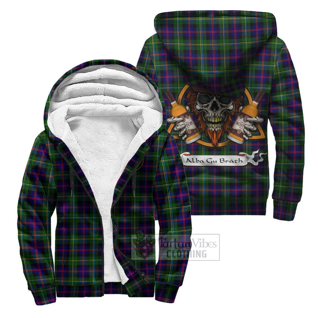 Tartan Vibes Clothing Malcolm Tartan Sherpa Hoodie with Family Crest and Bearded Skull Holding Bottles of Whiskey