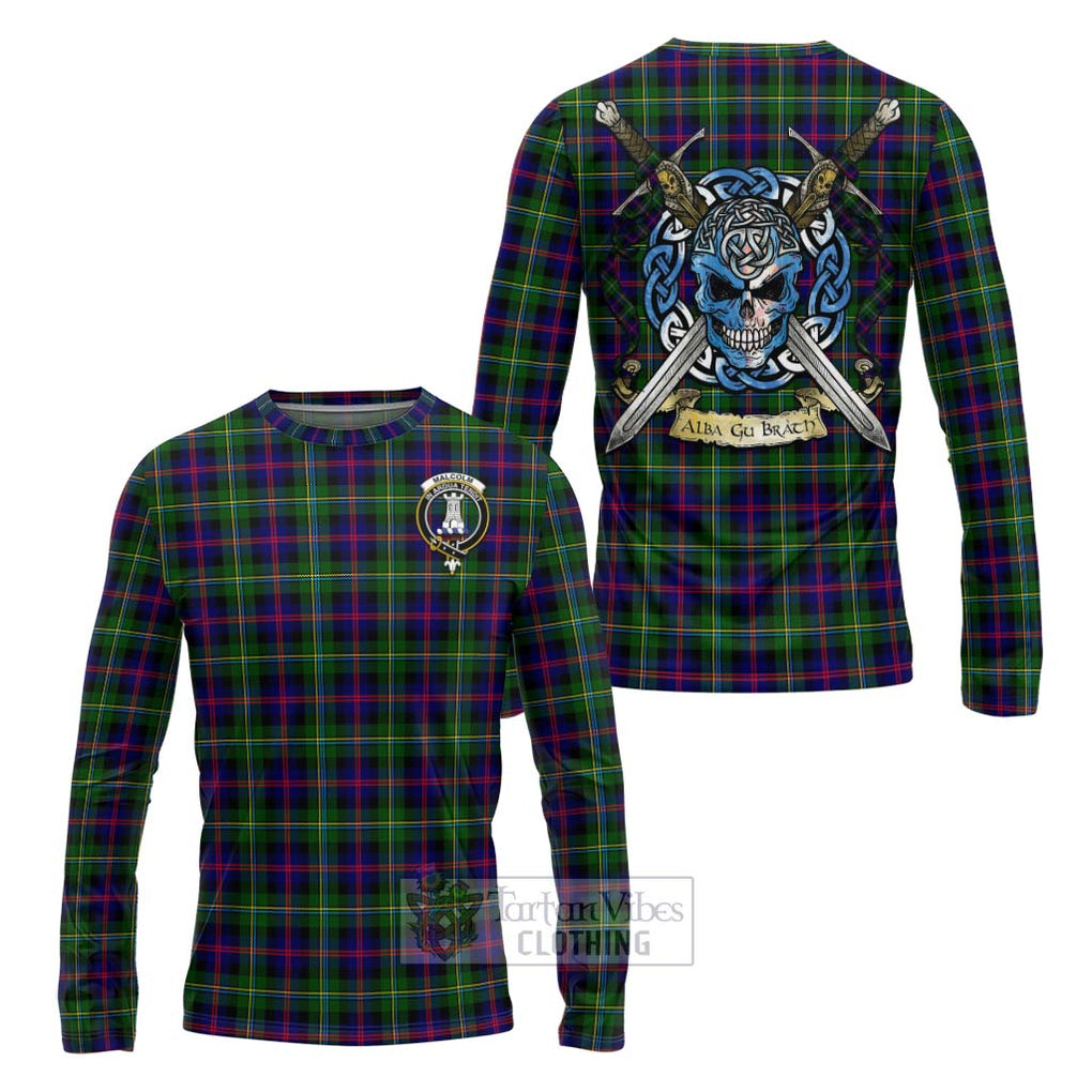 Tartan Vibes Clothing Malcolm Tartan Long Sleeve T-Shirt with Family Crest Celtic Skull Style