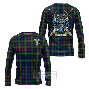 Malcolm Tartan Long Sleeve T-Shirt with Family Crest Celtic Skull Style