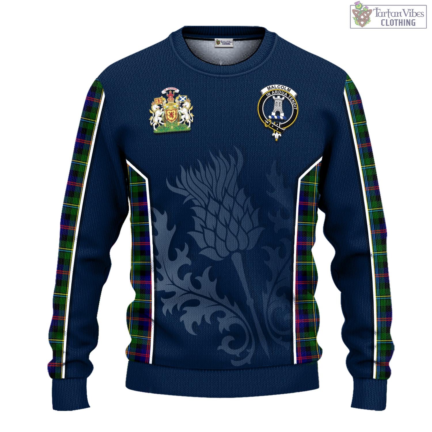 Tartan Vibes Clothing Malcolm Tartan Knitted Sweatshirt with Family Crest and Scottish Thistle Vibes Sport Style