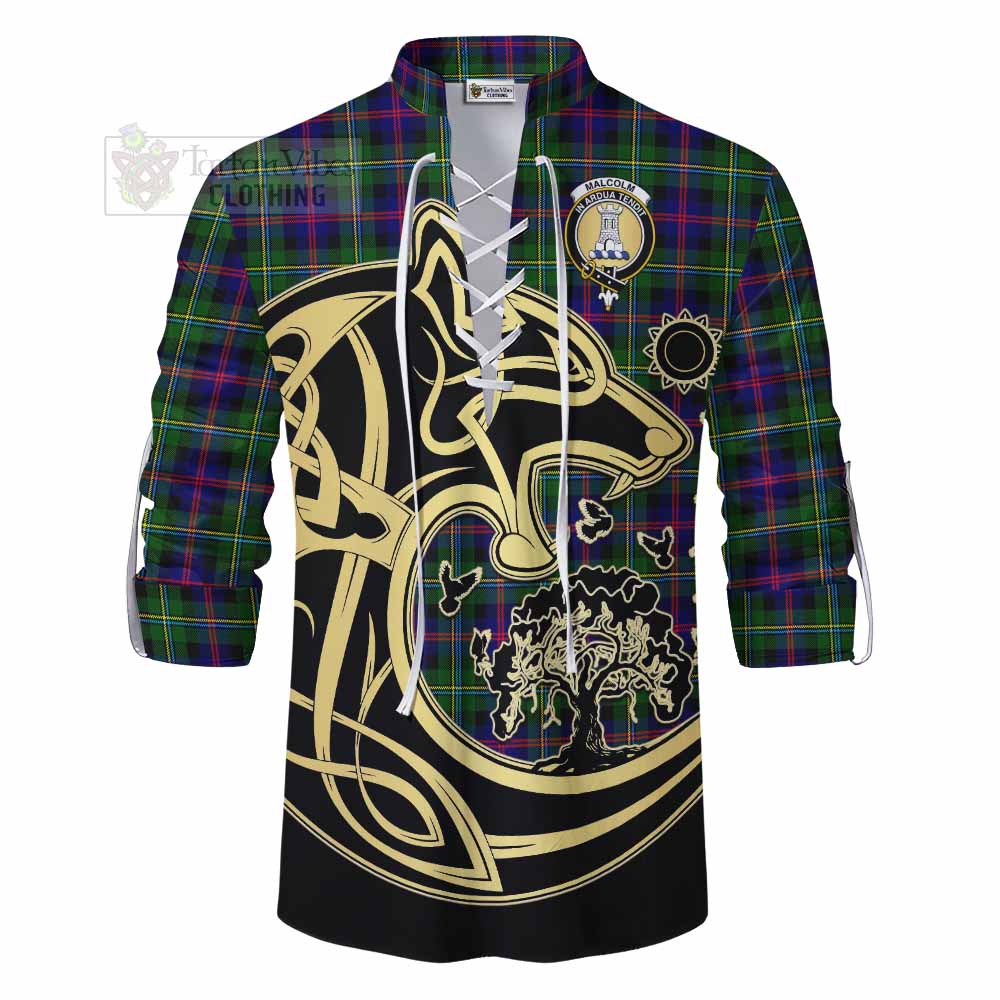 Tartan Vibes Clothing Malcolm Tartan Ghillie Kilt Shirt with Family Crest Celtic Wolf Style