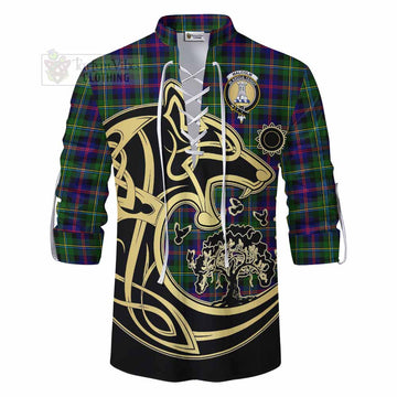 Malcolm Tartan Ghillie Kilt Shirt with Family Crest Celtic Wolf Style