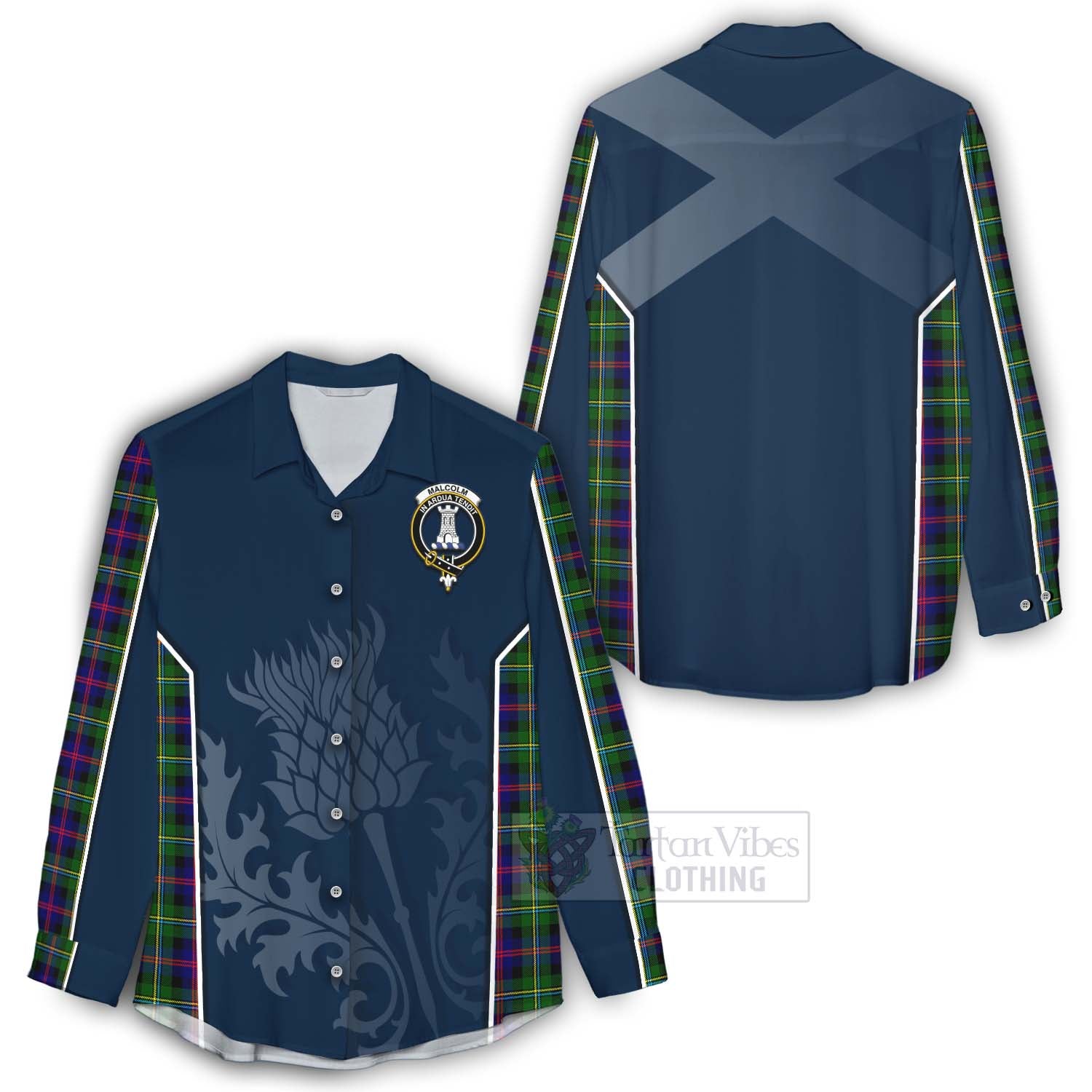 Tartan Vibes Clothing Malcolm Tartan Women's Casual Shirt with Family Crest and Scottish Thistle Vibes Sport Style