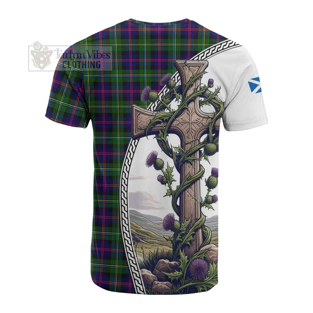 Tartan Vibes Clothing Malcolm Tartan Cotton T-shirt with Family Crest and St. Andrew's Cross Accented by Thistle Vines