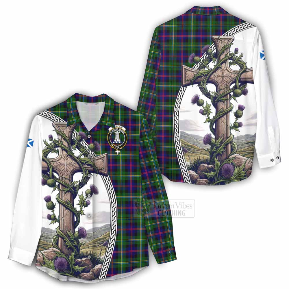 Tartan Vibes Clothing Malcolm Tartan Women's Casual Shirt with Family Crest and St. Andrew's Cross Accented by Thistle Vines