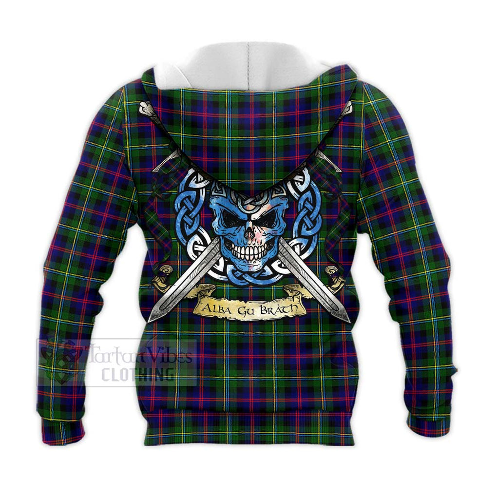 Tartan Vibes Clothing Malcolm Tartan Knitted Hoodie with Family Crest Celtic Skull Style