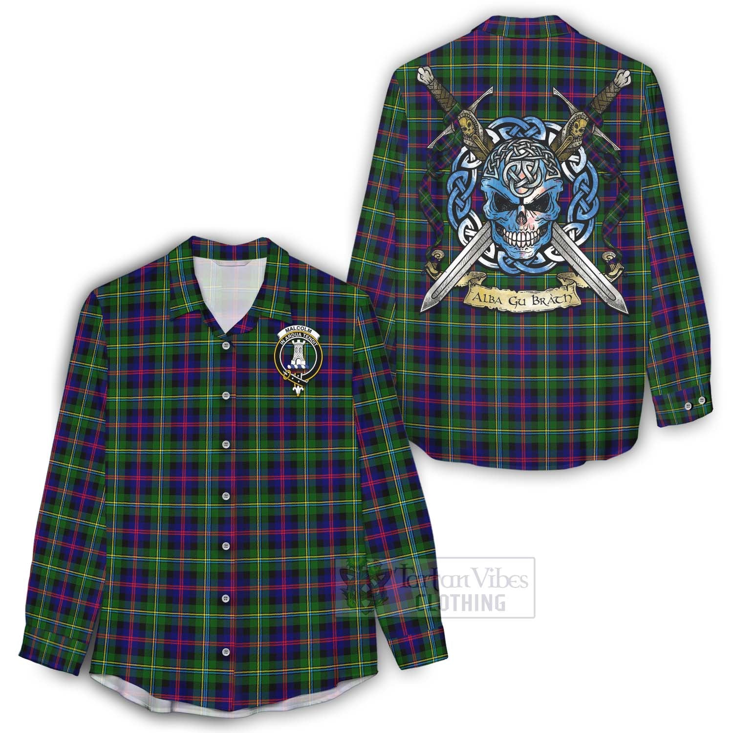 Tartan Vibes Clothing Malcolm Tartan Women's Casual Shirt with Family Crest Celtic Skull Style