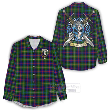 Malcolm Tartan Women's Casual Shirt with Family Crest Celtic Skull Style