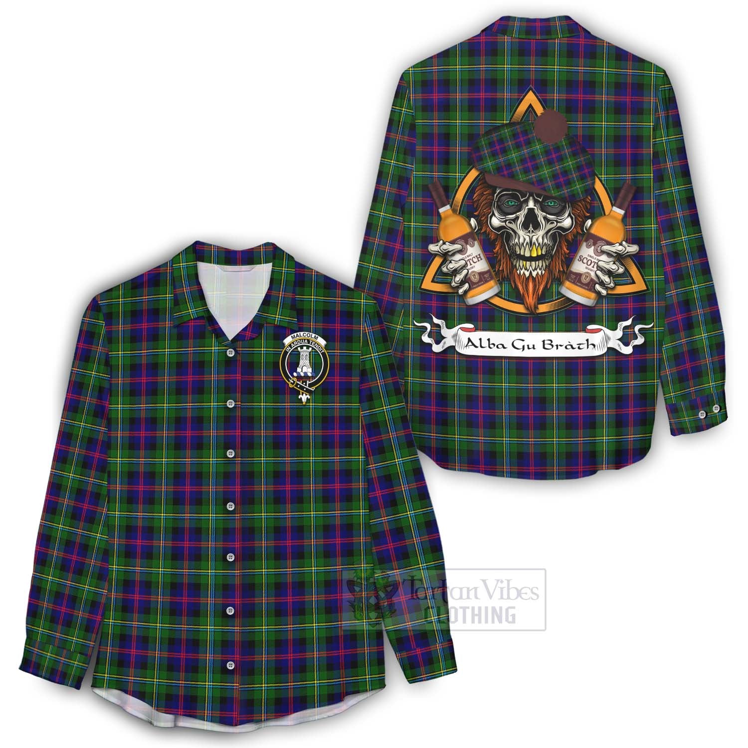 Tartan Vibes Clothing Malcolm Tartan Women's Casual Shirt with Family Crest and Bearded Skull Holding Bottles of Whiskey