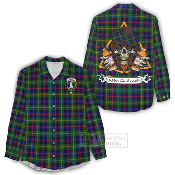 Malcolm Tartan Women's Casual Shirt with Family Crest and Bearded Skull Holding Bottles of Whiskey