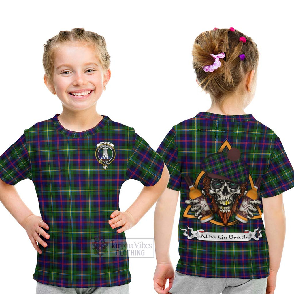 Tartan Vibes Clothing Malcolm Tartan Kid T-Shirt with Family Crest and Bearded Skull Holding Bottles of Whiskey