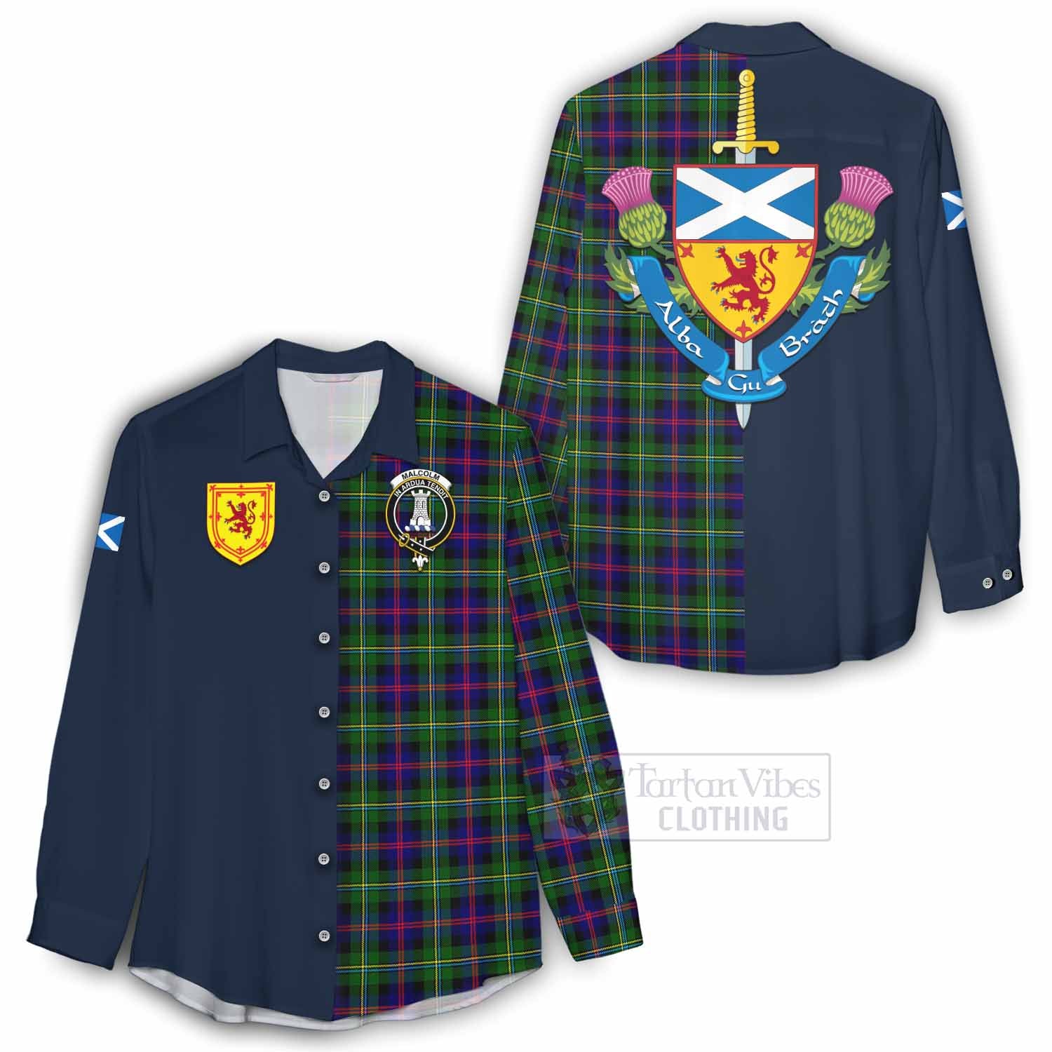 Tartan Vibes Clothing Malcolm Tartan Women's Casual Shirt Alba with Scottish Lion Royal Arm Half Style