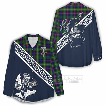 Malcolm Tartan Women's Casual Shirt Featuring Thistle and Scotland Map