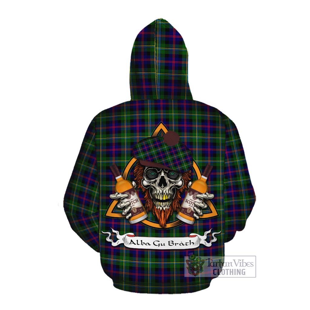 Tartan Vibes Clothing Malcolm Tartan Cotton Hoodie with Family Crest and Bearded Skull Holding Bottles of Whiskey