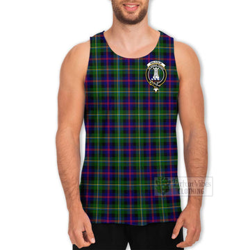 Malcolm Tartan Men's Tank Top with Family Crest and Bearded Skull Holding Bottles of Whiskey