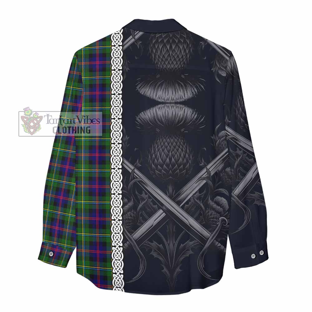 Tartan Vibes Clothing Malcolm Tartan Women's Casual Shirt with Family Crest Cross Sword Thistle Celtic Vibes