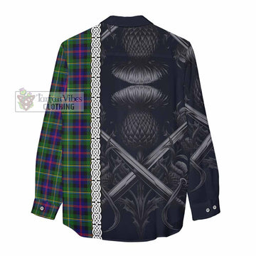 Malcolm Tartan Women's Casual Shirt with Family Crest Cross Sword Thistle Celtic Vibes