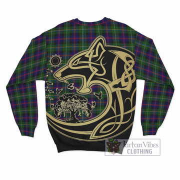 Malcolm Tartan Sweatshirt with Family Crest Celtic Wolf Style