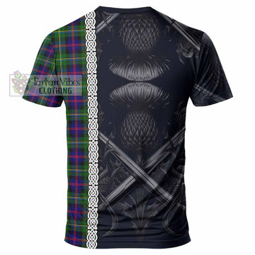 Malcolm Tartan T-Shirt with Family Crest Cross Sword Thistle Celtic Vibes