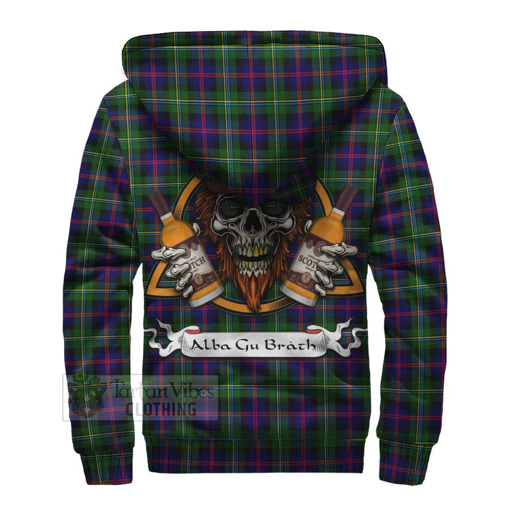 Tartan Vibes Clothing Malcolm Tartan Sherpa Hoodie with Family Crest and Bearded Skull Holding Bottles of Whiskey