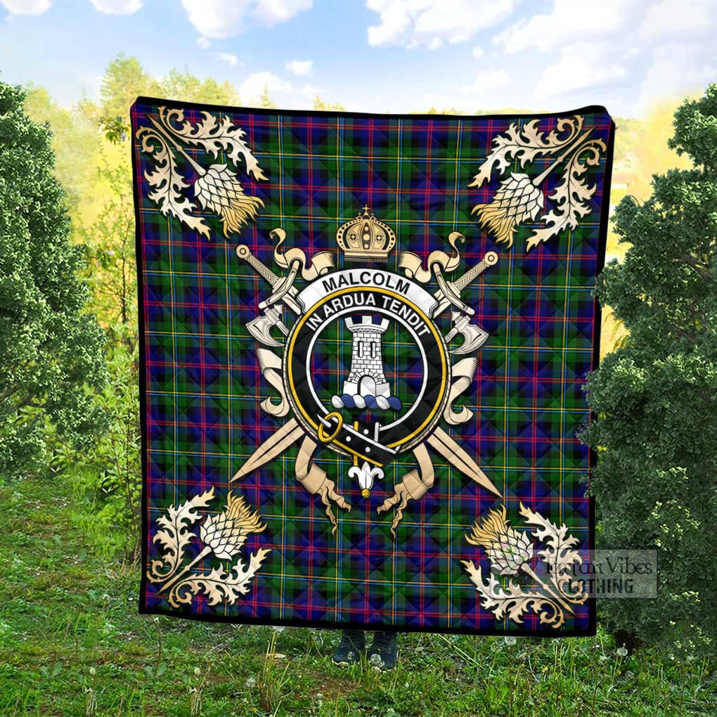 Tartan Vibes Clothing Malcolm Tartan Quilt with Family Crest and Scottish Golden Courage Shield