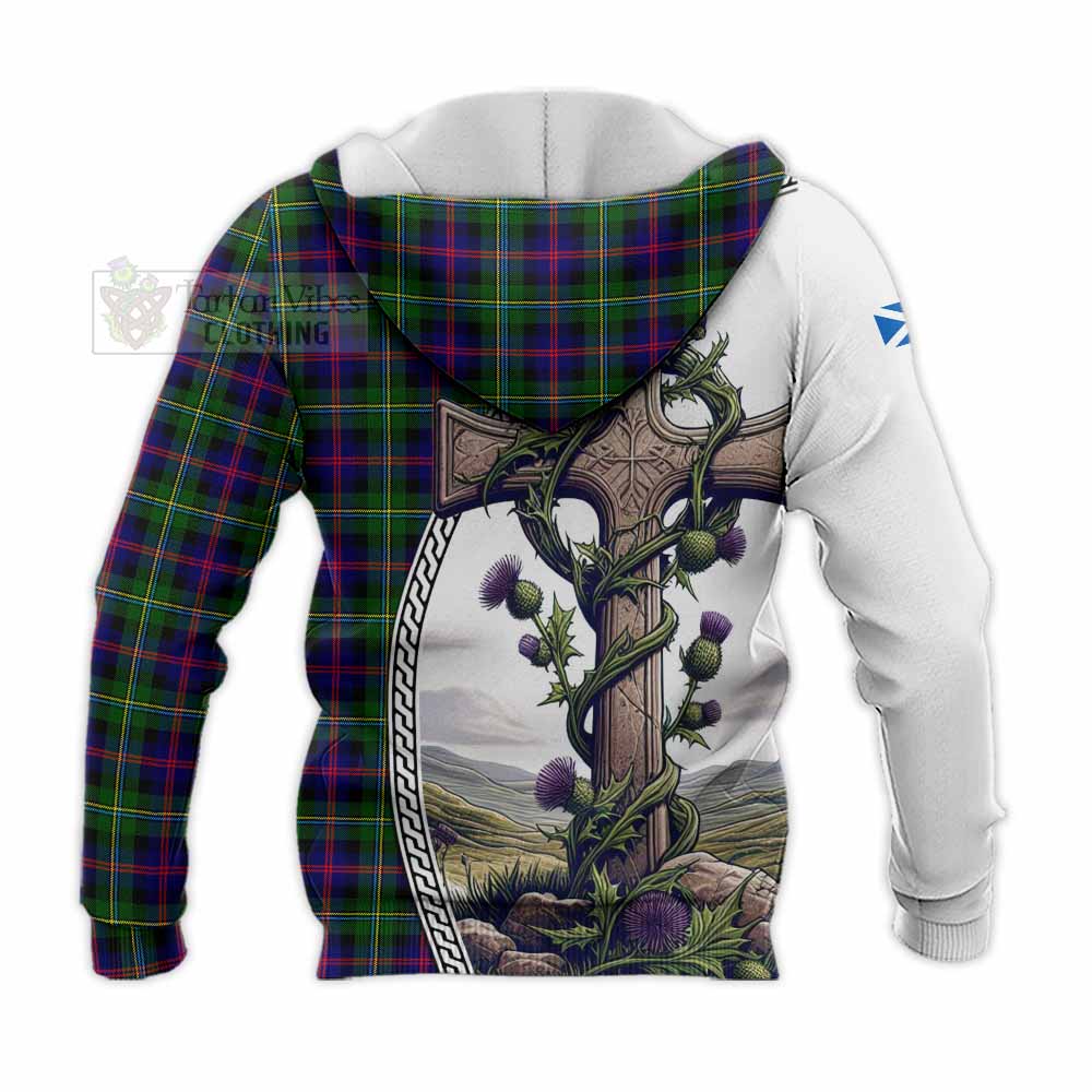 Tartan Vibes Clothing Malcolm Tartan Knitted Hoodie with Family Crest and St. Andrew's Cross Accented by Thistle Vines