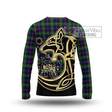 Malcolm Tartan Long Sleeve T-Shirt with Family Crest Celtic Wolf Style