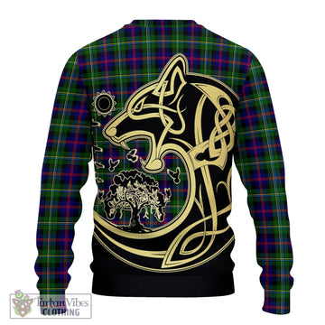 Malcolm Tartan Knitted Sweater with Family Crest Celtic Wolf Style