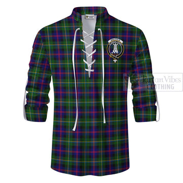 Malcolm Tartan Ghillie Kilt Shirt with Family Crest and Bearded Skull Holding Bottles of Whiskey