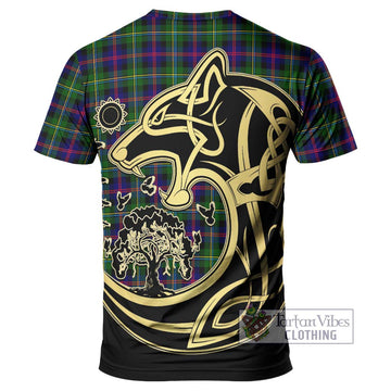 Malcolm Tartan T-Shirt with Family Crest Celtic Wolf Style