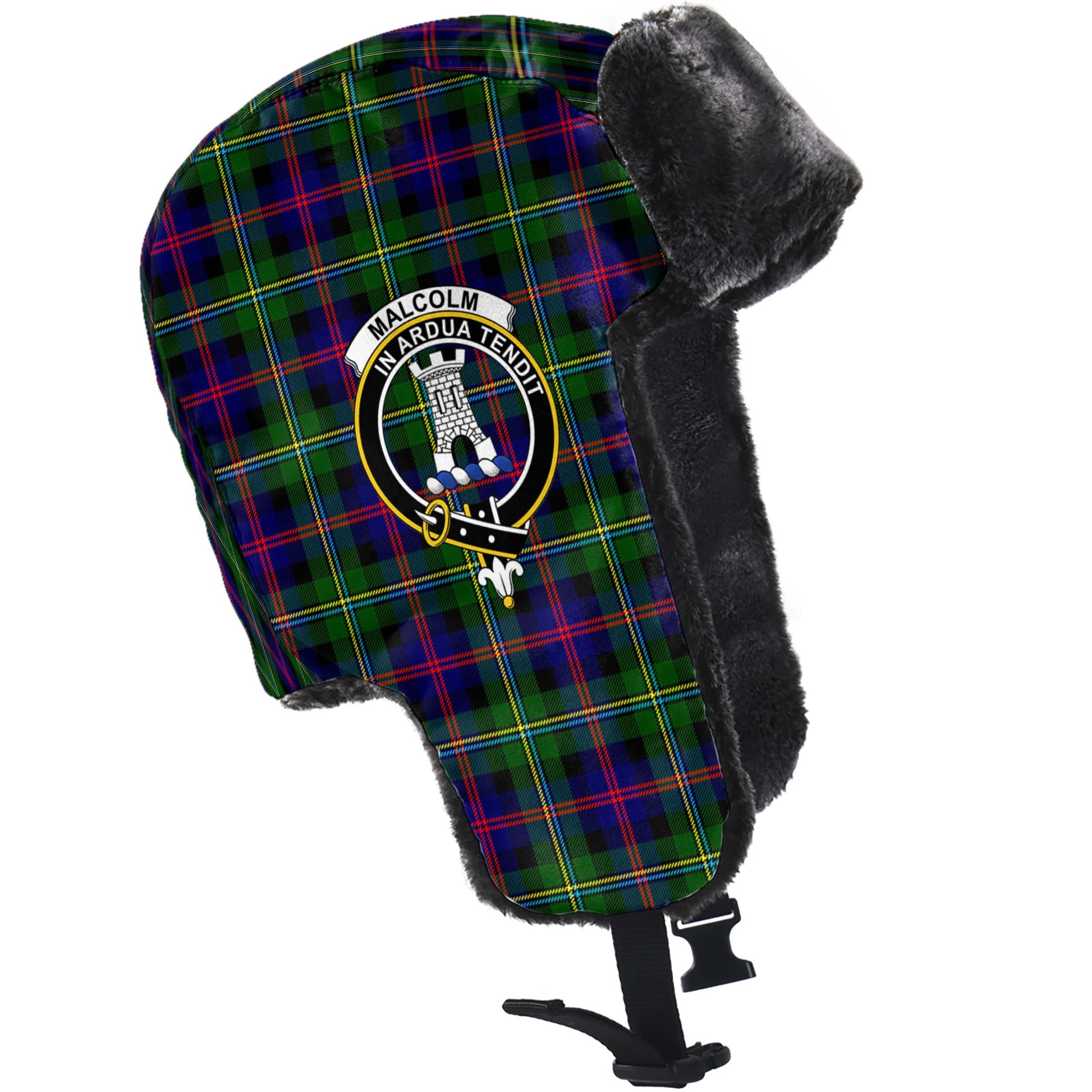 Malcolm Tartan Winter Trapper Hat with Family Crest - Tartanvibesclothing