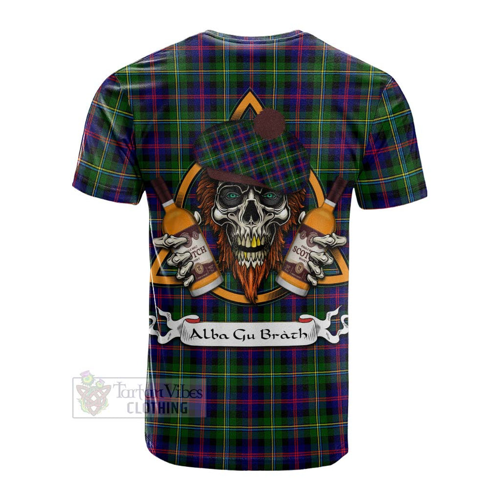 Tartan Vibes Clothing Malcolm Tartan Cotton T-shirt with Family Crest and Bearded Skull Holding Bottles of Whiskey