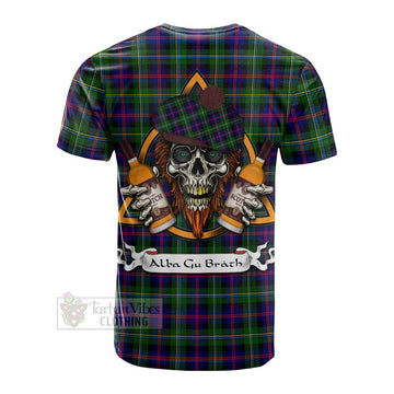 Malcolm Tartan Cotton T-shirt with Family Crest and Bearded Skull Holding Bottles of Whiskey