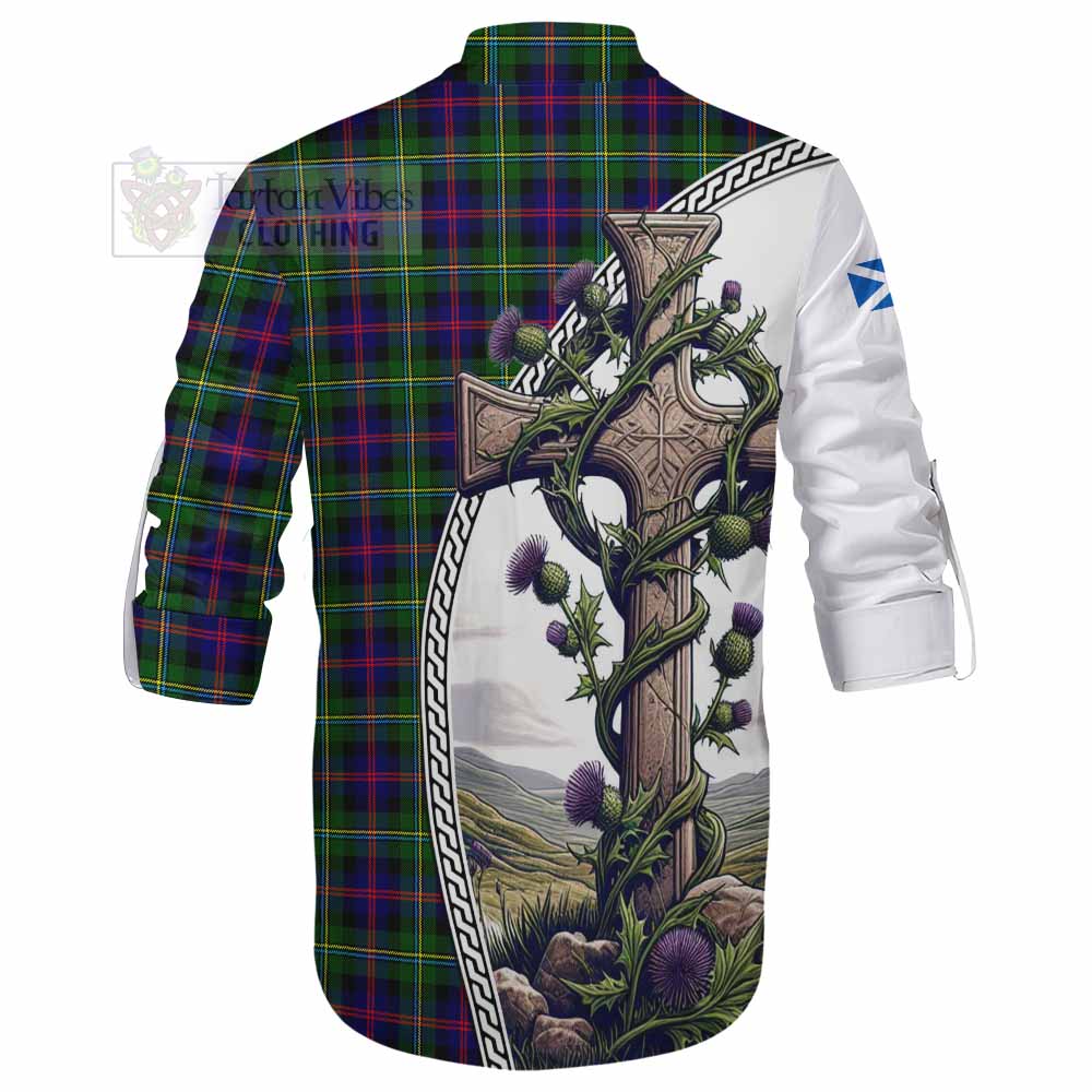 Tartan Vibes Clothing Malcolm Tartan Ghillie Kilt Shirt with Family Crest and St. Andrew's Cross Accented by Thistle Vines