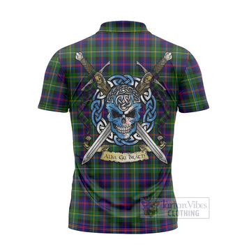 Malcolm Tartan Zipper Polo Shirt with Family Crest Celtic Skull Style