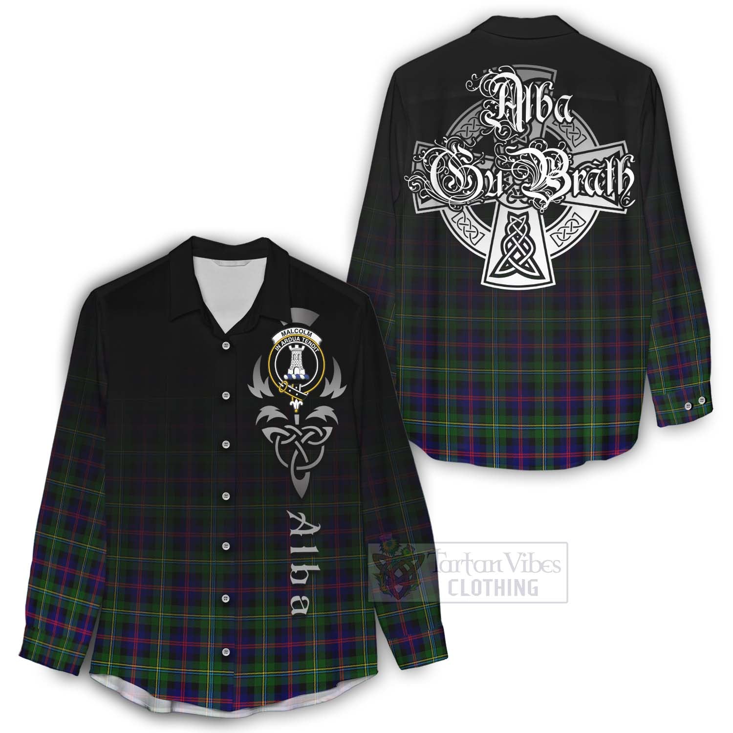 Tartan Vibes Clothing Malcolm Tartan Women's Casual Shirt Featuring Alba Gu Brath Family Crest Celtic Inspired