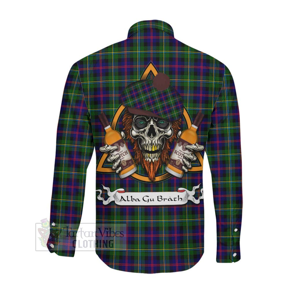 Tartan Vibes Clothing Malcolm Tartan Long Sleeve Button Shirt with Family Crest and Bearded Skull Holding Bottles of Whiskey